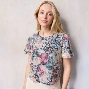 LC Lauren Conrad Sequin Floral Blouse Large Sheer Overlay Party Date Night Top